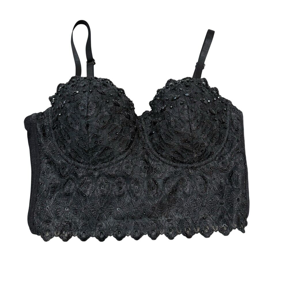 Black Beaded Sequin  Lace Bustier Crop Top Size S